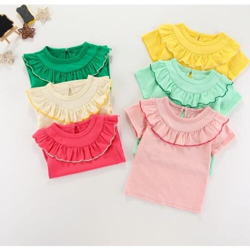 New Summer Girls Clothes T-shirts Kids Girls Short Sleeve Solid Falbala Tops T-shirt Casual Clothes Childrens Girls Clothing