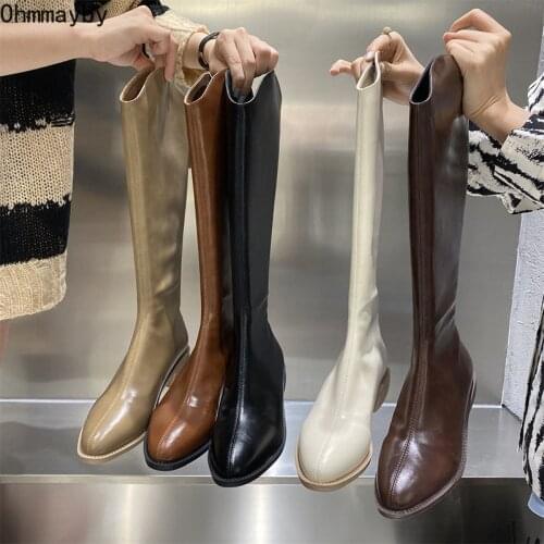 2021 Slim Thigh High Boots Fashion Women Square Heel Knee-High Boots Leather Womens Shoes Black Winter Long Knight Boots Woman