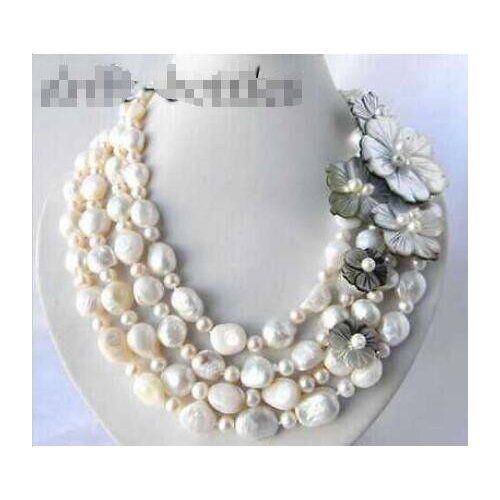 4Srands 18'' 12mm Black Coffee White Baroque Round Freshwater Pearl Shell Flower Necklace