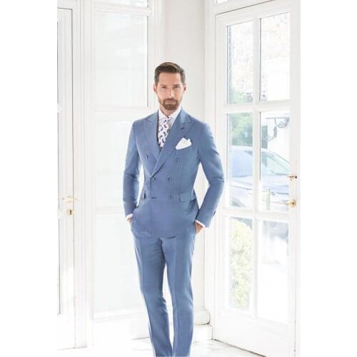 Jacket+Pant+Vest)Handsome Men Wedding 3pcs Suit Male Blazers Slim Fit Suits For Men Costume Business Formal Party Blue Tuxedos