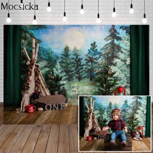 Lumber Jack Birthday Background Forest Moon Wooden Floor Photography Backdrop Child Portrait Decor Prop Photo Studio Cake Smash