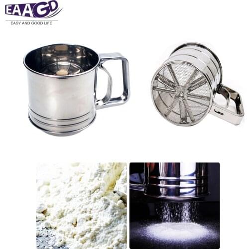 Baking Stainless Steel Shaker Sieve Cup Mesh Crank Flour Sifter with Measuring Scale Mark for Flour Icing Sugar