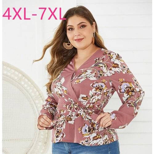 New spring autumn plus size tops for women large blouse long sleeve casual loose floral print V neck shirt belt 4XL 5XL 6XL 7XL