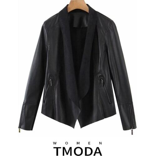 TMODA1795 Za Woman 2021 Autumn Knit PU Patchwork Sleeve Open Front Irregular Hem Zippers Faux Leather Jackets Chic Coats Female