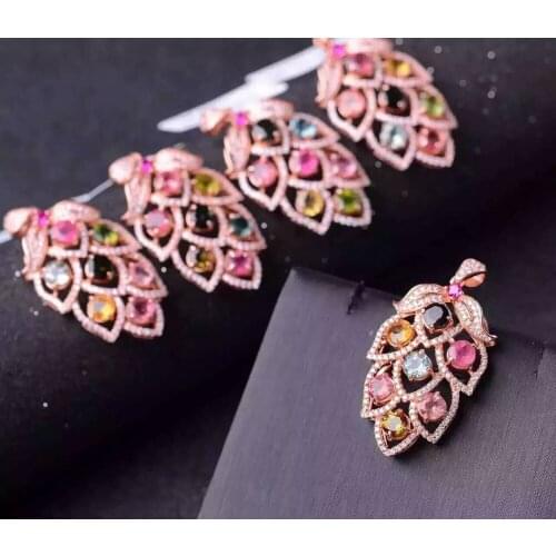 Natural multicolor tourmaline pendant S925 silver Natural gemstone Pendant Necklace trendy Elegant Long Leaves women jewelry
