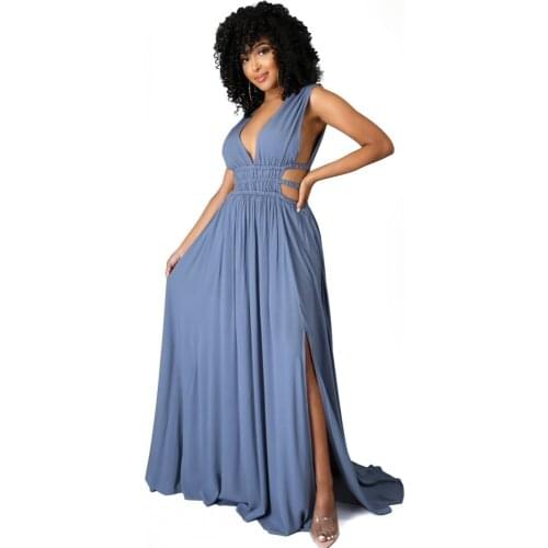 Sexy Solid Side Split Long Dresses For Women 2021 Summer Low Cut Deep V Halter Chain Maxi Dress Holiday Chic Beachwear New