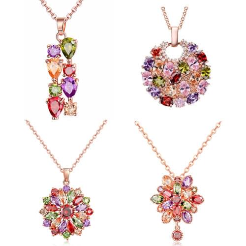 Womens Fashion Shiny Colorful Zircon Pendant Necklaces Multicolor Flower Rose Gold Charming Necklace Pendants Jewelry Best Gift