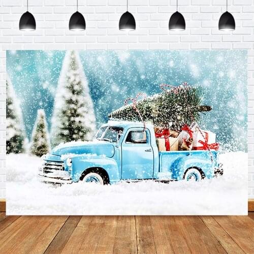 Snow Winter Background for Photography Snowflake Christmas Gifts Truck Christmas Forest Backdrop Bokeh Snow Winter Family Party