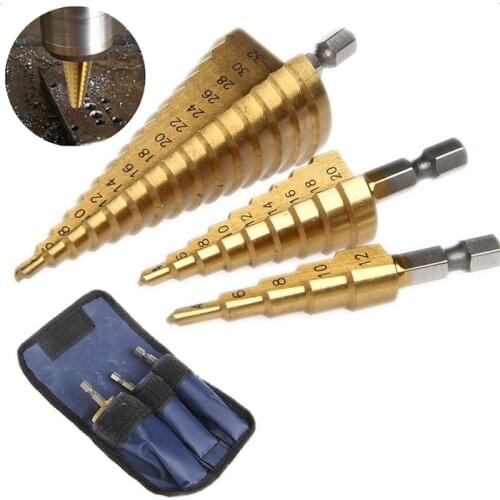 3pcs Hss step drill bit set cone hole cutter Taper metric 4 - 12 / 20 / 32mm 1 / 4 "titanium coated metal hex core drill bits