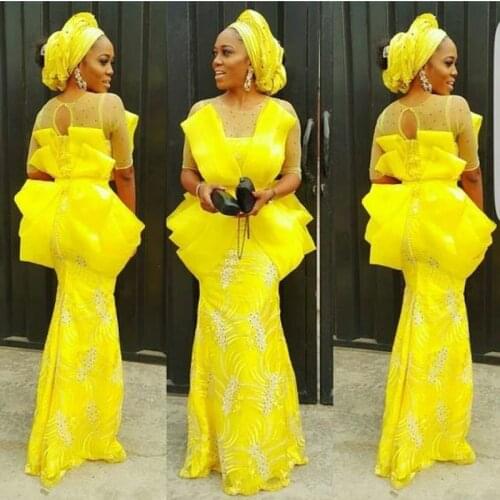 Aso Ebi Formal Evening Dress Modest Bright Yellow abiye Applique Plus Size Africa Prom Dresses Beads Vestido Longo abendkleider