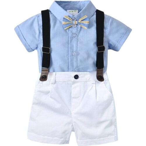 Baby Boys 9M-2Y Summer Blue Short Sleeve Shirt &White Short Bib Pant & Bow Tie Bebes Clothing Set Fashion Gentleman Shirt Suits