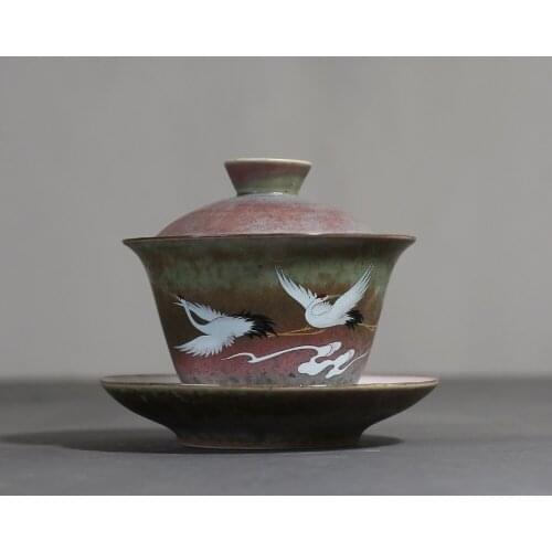 140ml Kiln Change Ceramic Gaiwan Chinese Kung Fu Tea Bowl Teacup with Lid and Saucer Teapots Drinkware Vintage Tea Tureen Decor