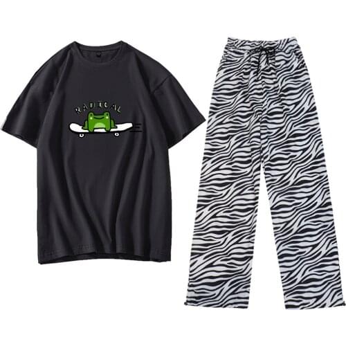 Girl 90s Aesthetic High Waist Joggers Harajuku Kawaii Frog on Skateboard T Shirt Cotton Striped Pants All-match Two-piece Suits