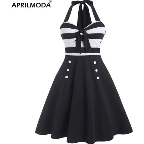 Goth Black Women Dresses Summer Vintage Retro Striped Print Button Halter Backless Pin Up Rockabilly Skater Swing Party Vestido