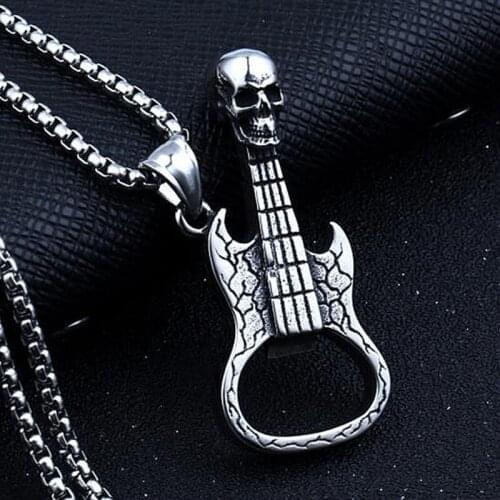 HipHop Rock Skull Guitar Pendant Men Jewelry Necklace for Men Male Stainless Steel Chain