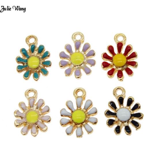 Julie Wang 6pcs Cute Enamel Alloy Daisy Flower Charms Pendant For Bracelet Keychain Earrings Making Bag Decor Accessory