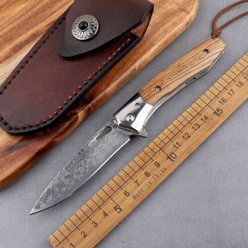 Outdoor pocket VG10 Damascus steel blade walnut + steel handle tactical camping hunting self-defense fruit folding knife sharp