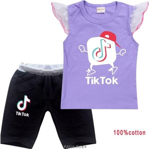 Tik Tok Childrens Short-sleeved Cotton T-shirt Set Baby Cartoon Tik Tok Love 3D Printed Short-sleeved Childrens Clothing