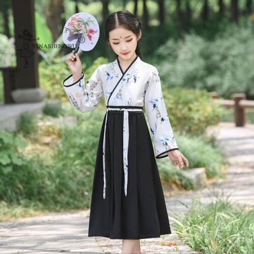 Girl Tops Skirt Crane Print Sets Hanfu Dress Chinese Style Costume Children Baby Floral Traditional Embroidery Kids Clothes Suit