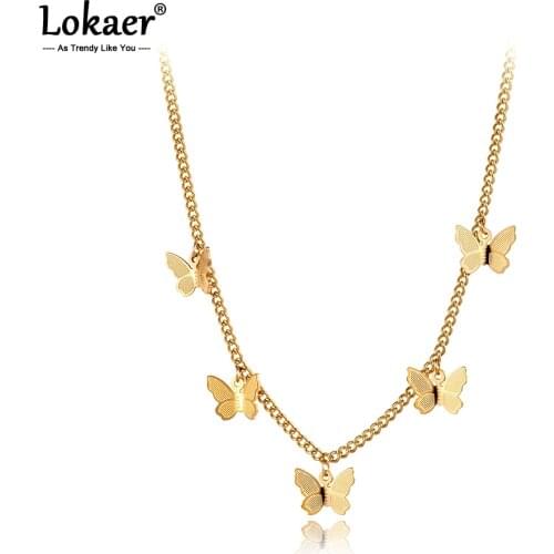 Lokaer New Titanium Stainless Steel 5Pcs Butterfly Charm Pendant Necklaces Jewelry Bohemia Party Necklace For Women Gift N21001