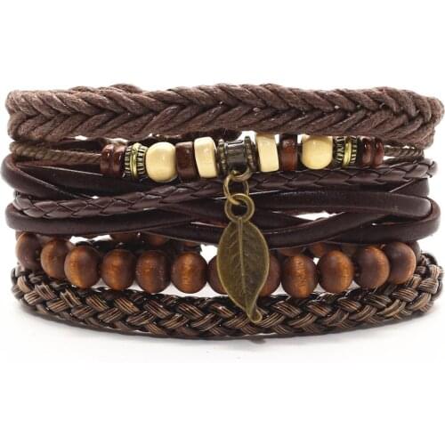 Leaf Star Infinity Brown Beads Charm Handmade Cross Men Leather Bracelets Women Vintage Bangle Male Homme Jewelry Accessories