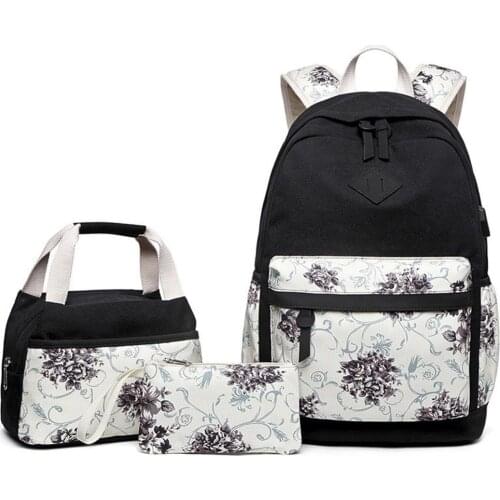 New 3pcs/Set Women Backpacks Girls School Backpacks Vintage Floral Print Canvas School Bag Large Laptop Daypack Mochila Escolar