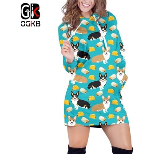 OGKB New Fashion Hoodies Dress Women Harajuku 3d Dog And Burger Print Autumn Winter Sweatshirt Women Long Sleeve Hooded Dress