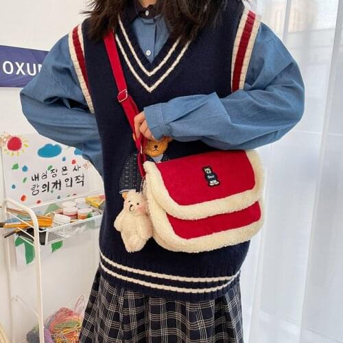 2021 New Corduroy Lamb Hair Soft Girl Hit Color Shoulder Bag Travel Business Trip Japanese Vintage Sense Cute Wild Bear