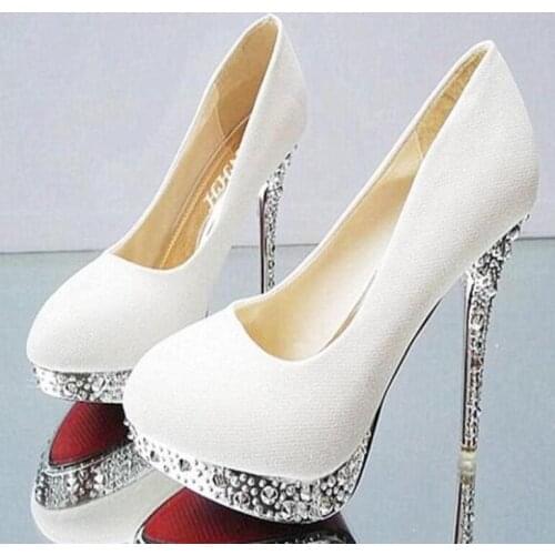 Bridal shoes wedding shoes ladies waterproof platform shallow mouth round head high heels crystal sequins 11cm high heels 35-41