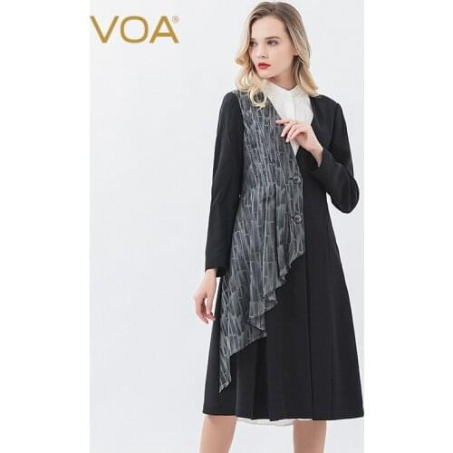 VOA Silk 36m/m Microprojectile Black Heavy Deep V-neck Filler Asymmetric Paneled Black Arch Needle Single-Breasted Coat F593