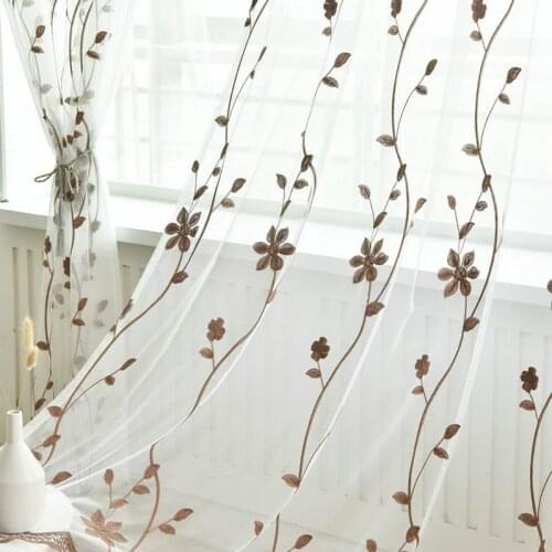 Embroidered Silver Brown Floral Modern Curtains Drape Panel Sheer Tulle Curtains For Living Room Door Kitchen Bedroom for kids