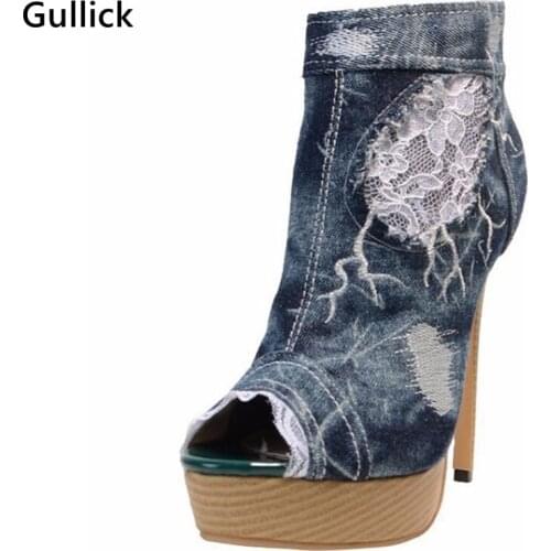 Handmade Lace Flower Woman Ankle Boots Ripped Jean Sexy Peep Toe Platform Super High Thin Heels Woman Leisure Boots Side Zip
