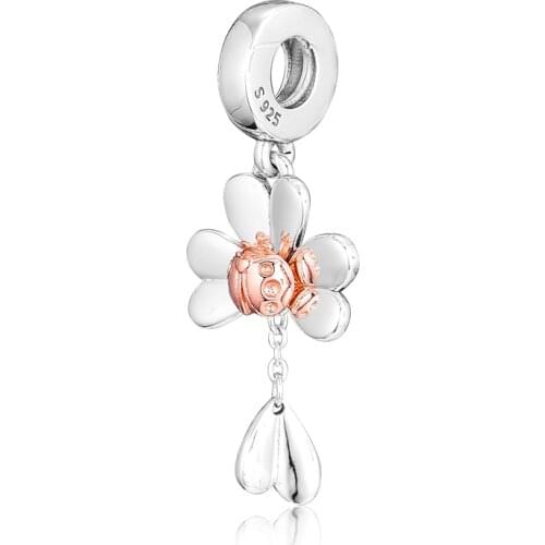 CKK Rose Clover & Ladybird Beads Charms 925 Sterling Silver For Women Jewelry Making Fits Pandora Bracelet Kralen Berloque