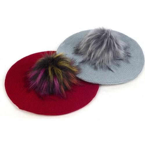 Women Knitted Berets With Pom Pom Winter Autumn Warm Female Baggy Slouchy Hats Faux Fur Hairball Solid Color Bonnet Artist Caps