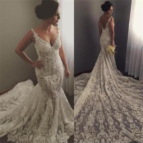 Vintage Lace Mermaid Wedding Dresses 2020 Robe De Mariee Open Back Sweep Train Wedding Gowns Custom Made Bride Dress