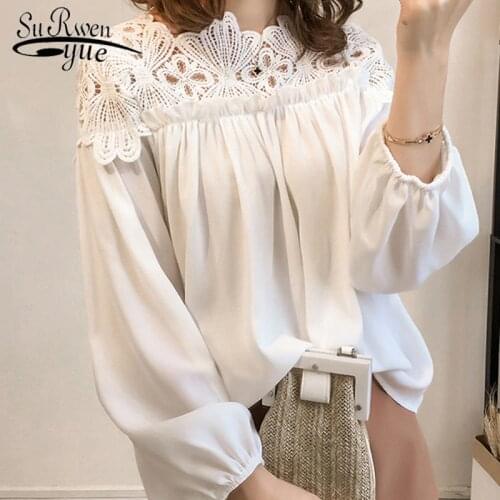 2021 Spring New Blusas Plus Size Lace Women Blouse Casual Shirt Long Sleeve Women Tops Vintage Hooked Hollow Korean Clothes D84