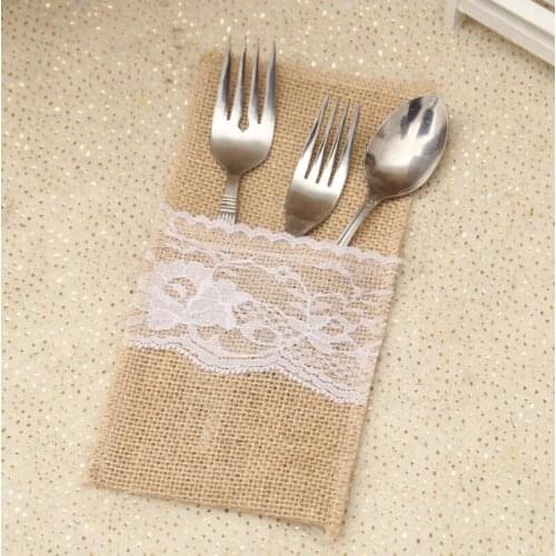 21 *10CM Jute Tableware Pouch Pocket Burlap Lace Knife and Fork Bag For Wedding Decoration LX4423