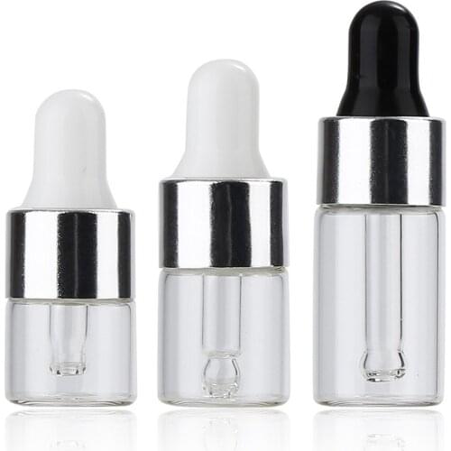 50Pcs Drop Eye Liquid Pipette Bottle 1/2/3ml Clear Glass Essential oil Aromatherapy Dropper Bottles Silver Aluminum Cap Reagent