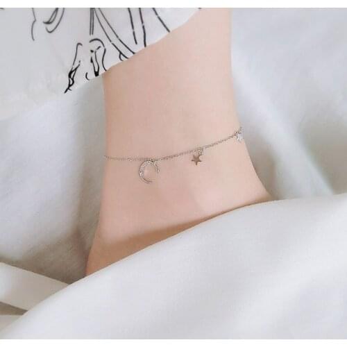 925 Sterling Silver Anklets Exquisite Zircon Moon Stars Pendant Anklets for Women Simple Fashion Summer Holiday Bohemian Jewelry
