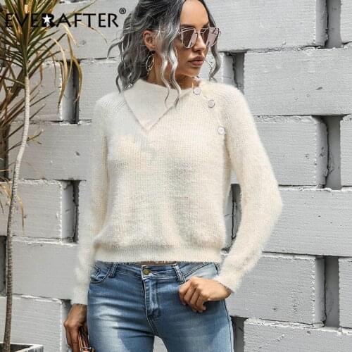 EVERAFTER Elegant Turn-down Collar solid knitted sweater women long sleeve button autumn winter casual pullover jumpers sweater