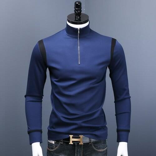 Fashion Men Zip Stand Collar T-Shirt Royal Blue Patchwork Cotton Slim Fit Tshirt