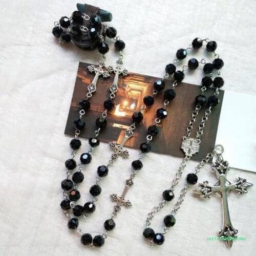 Classic Black Crystal Rosary Necklace Durable Alloy Long Cross Pendant Decoration Gifts for Boyfriend Girlfriend