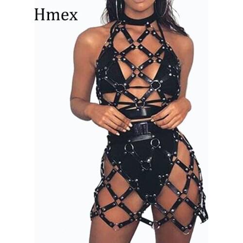 2 Piece Set Sexy Women Punk Leather Body Harness Skirt Adjustable Black Hollow Out Dress Garter Weaved Belts Backless Dress