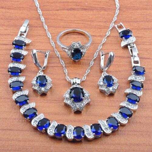 Hot Sale Blue Crystal Silver Color Wedding Jewelry Sets For Women Earrings Necklace Pendant Rings Bracelet Set JS0482