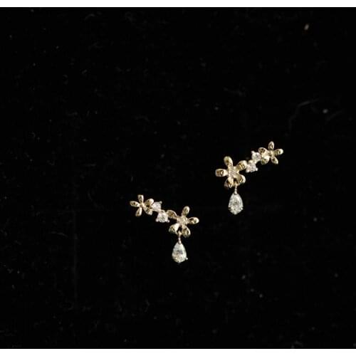 GOLDtutu Gold Flower Water Drop Pure 9K GOLD Inlaid Zircon Mini Earrings for Women Fashion Accessories Valentines Day Gifts