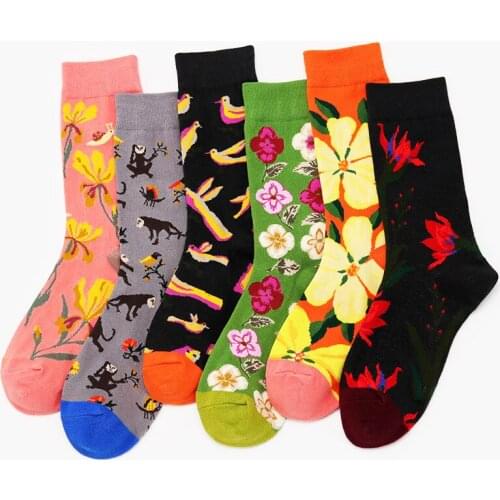 2020 Fashion Winter New Style Brand Socks Happy Man Women Unisex Cotton Couple Funny Socks Flower Bird Contrast Pattern Socks