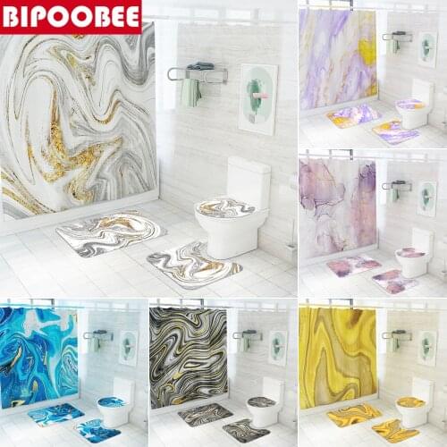 Marble Shower Curtain Abstract Geometry Striped Bath Mat Toilet Lid Cover Modern Bathroom Curtains Stone Grain Non Slip Carpet