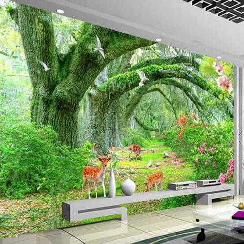 Custom Mural Wallpaper Green Tree Forest Deer Wall Papers Home Decor Modern Living Room Bedroom 3D Photo Wallpaper Wall Painting