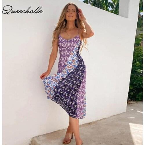 Boho Dress Women Purple V Neck Floral Print Spaghetti Strap Long Dress Summer 2021 Casual Sleeveless Sling Maxi Dresses Female