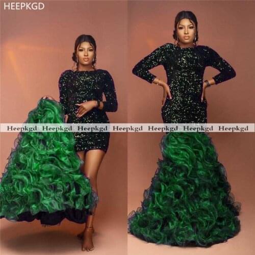 Short Green Prom Dresses Detachable Skirt Sheath Sequin Shiny Black Girls Long Sleeves Party Prom Gowns Custom Made
